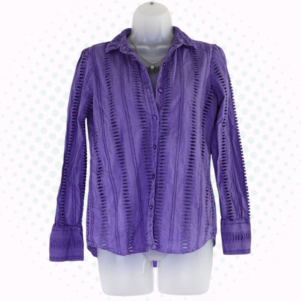 Spartina 449 Periwinkle Purple Eyelet Lace Button Up Collared Shirt Size S